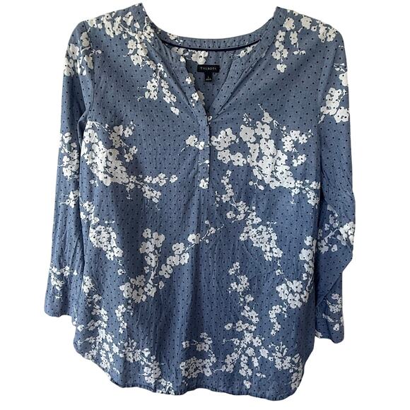 Talbots blue polkadot floral Tunic top Size L notice pointed discoloration - Picture 1 of 10